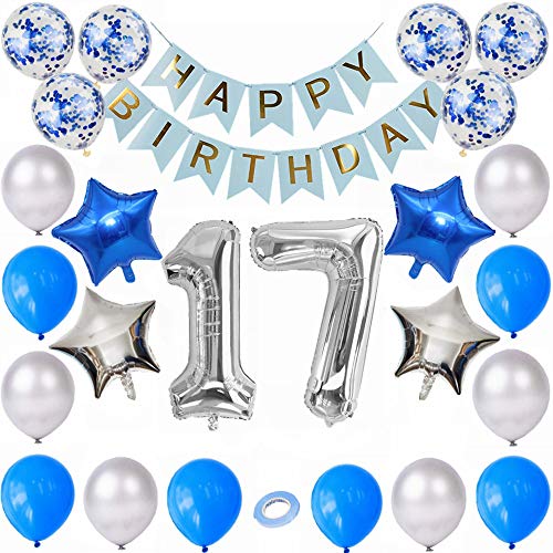 Kiwochy plata azul 17 Cumpleaños Decoraciones 17. Decoración cumpleaños Niños Decoración cumpleaños azul Cumpleaños número 17 Globos Cumpleaños número 17 globo para chicas Niños cumpleaños