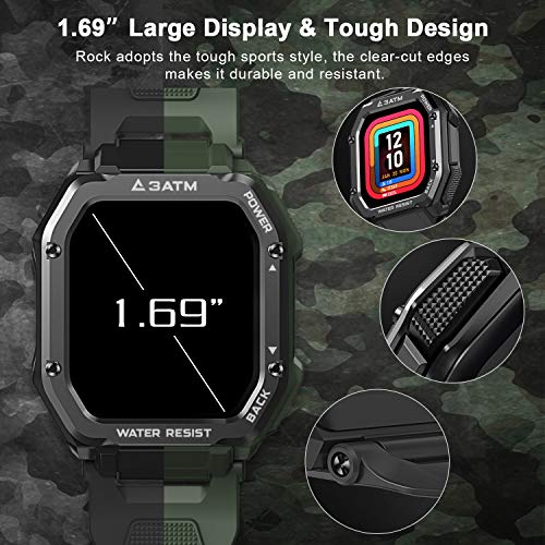 KOSPET Rock Smartwatch, 1.7 pulgadas 3ATM impermeable, presión arterial, monitor de ritmo cardíaco, seguimiento de actividad podómetro, exteriores reloj inteligente para hombres (negro)