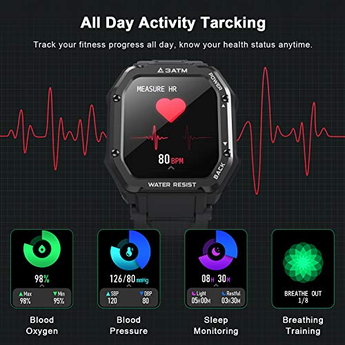 KOSPET Rock Smartwatch, 1.7 pulgadas 3ATM impermeable, presión arterial, monitor de ritmo cardíaco, seguimiento de actividad podómetro, exteriores reloj inteligente para hombres (negro)