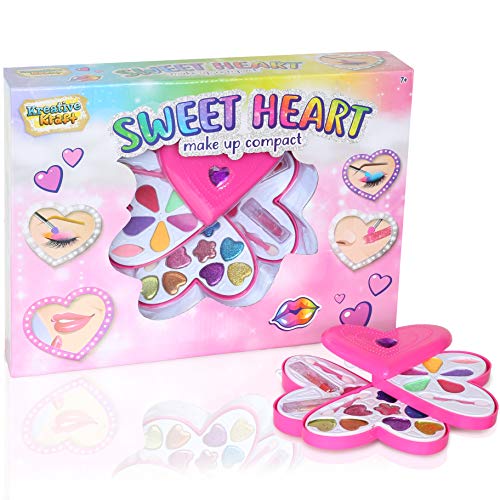 KreativeKraft Estuche De Maquillaje Compacto para Niñas | Maquillaje Infantil | Maquillaje De 20 Piezas En Una Divertida Caja De Almacenamiento De Forma De Corazón Y con Paletas De Sombras De Ojos