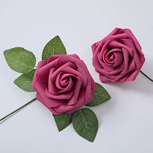 Ksnnrsng Flores Rosas Artificiales Espuma Rosa Falsa para Manualidades, Ramos de Novia, centros de Mesa, Despedidas de Soltera y Decoración del Hogar (25 Piezas, Fucsia)