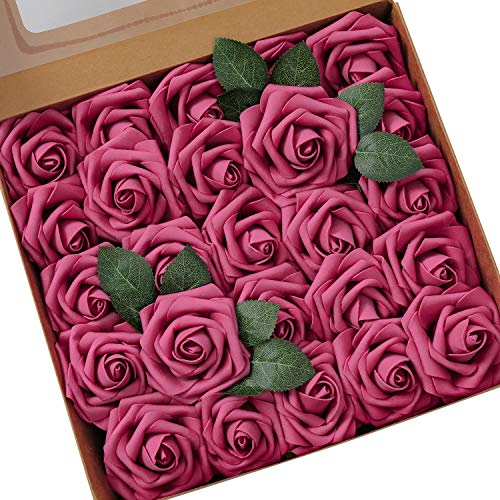 Ksnnrsng Flores Rosas Artificiales Espuma Rosa Falsa para Manualidades, Ramos de Novia, centros de Mesa, Despedidas de Soltera y Decoración del Hogar (25 Piezas, Fucsia)