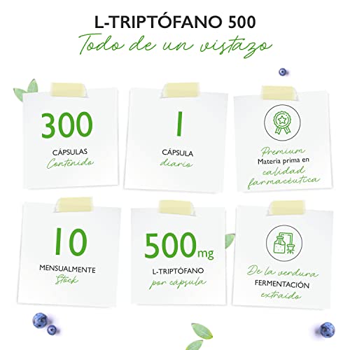 L-Triptófano 500 mg - 300 cápsulas veganas - Aminoácido puro de fermentación vegetal - Sin aditivos - Altamente dosificado - Vegano