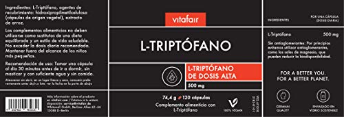 L-Triptófano - 500mg por Porción - 120 Cápsulas - Dosis alta - Precursor Natural de Serotonina y Melatonina (hormona del sueño) - Vegano - Máxima Biodisponibilidad - German Quality