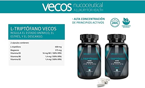 L-Triptófano con magnesio Vecos – Triptófano con vitaminas B2, B3 y B6 para regular el ciclo del sueño, estrés y bienestar - 600 mg dosis – Envase 50 días - 100 cápsulas vegetales – 100% apto veganos