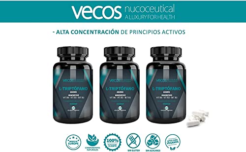 L-Triptófano con magnesio Vecos – Triptófano con vitaminas B2, B3 y B6 para regular el ciclo del sueño, estrés y bienestar - 600 mg dosis – Envase 50 días - 100 cápsulas vegetales – 100% apto veganos