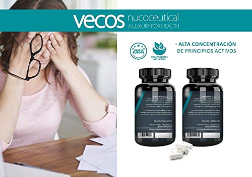 L-Triptófano con magnesio Vecos – Triptófano con vitaminas B2, B3 y B6 para regular el ciclo del sueño, estrés y bienestar - 600 mg dosis – Envase 50 días - 100 cápsulas vegetales – 100% apto veganos