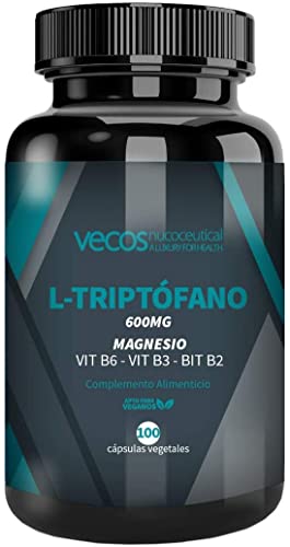 L-Triptófano con magnesio Vecos – Triptófano con vitaminas B2, B3 y B6 para regular el ciclo del sueño, estrés y bienestar - 600 mg dosis – Envase 50 días - 100 cápsulas vegetales – 100% apto veganos