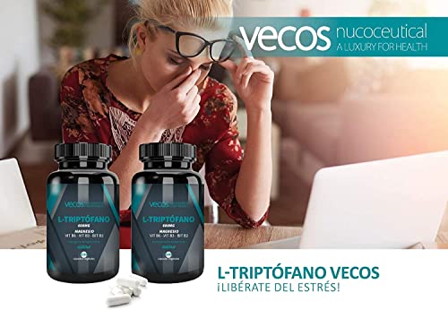 L-Triptófano con magnesio Vecos – Triptófano con vitaminas B2, B3 y B6 para regular el ciclo del sueño, estrés y bienestar - 600 mg dosis – Envase 50 días - 100 cápsulas vegetales – 100% apto veganos