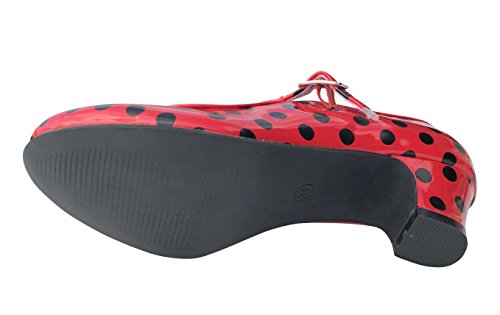 LA SEÑORITA Zapatos de Flamenco para Niña y Mujer [Talla 24 a 42]. Zapatos de Tacón para Sevillanas y Clases de Baile. Suela de Goma & Gran Sujeción. Zapatos de Gitana Rojos con Lunares Negros