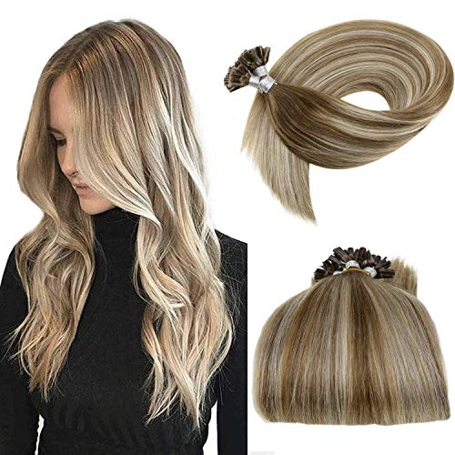 LaaVoo Extensiones Pelo Natural Queratina 14 Pulgadas Hot Fusion Cabello Humano Queratina U-Tip Balayage Marrón Ligero Ombre Rubio Platino U Tips/Nail Tip Keratina Extensions de Pelo 50g/50s