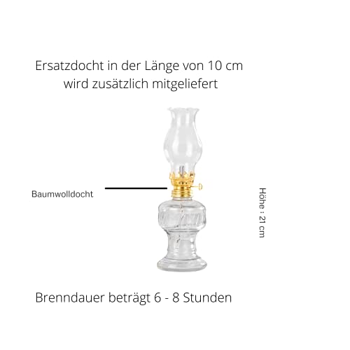 Lámpara de aceite de cristal con casquillo giratorio dorado de 21 cm, lámpara de petróleo con mecha de algodón, perfecta para la boda ideal