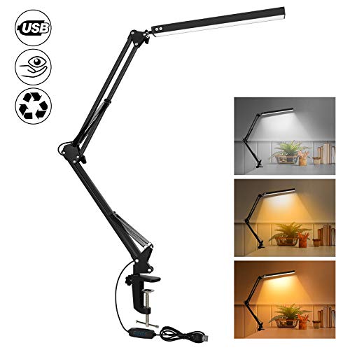 Lámpara de escritorio LED SKYLEO con abrazadera,luz de lectura regulable para el cuidado de los ojos,lámpara de brazo oscilante de 3 modos de color,lámpara de mesa con clip USB,lámpara de luz diurna