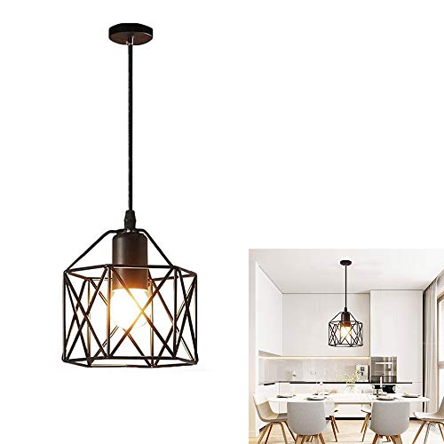 Lámpara de Techo Jaula Cuadrada Industrial de Hierro de Metal E27 Retro Suspensión Lámpara Colgante Iluminación para Dormitorio Comedor Cocina Sala Restaurante Pasillo Café Bar, Negro