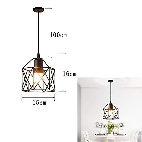 Lámpara de Techo Jaula Cuadrada Industrial de Hierro de Metal E27 Retro Suspensión Lámpara Colgante Iluminación para Dormitorio Comedor Cocina Sala Restaurante Pasillo Café Bar, Negro