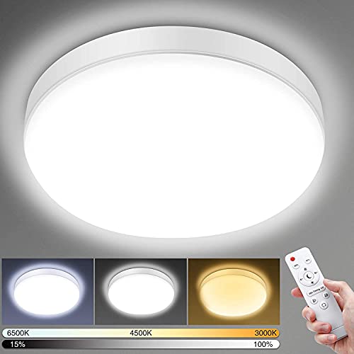 Lámparas de Techo, Plafón LED Techo Regulable 24W 3000K-6500K Temperatura de Color Control Remoto con Brillo Ajustable Temporizador Ø23cm Ultrafino IP54 2200LM Luz para Baño Cocina Salón