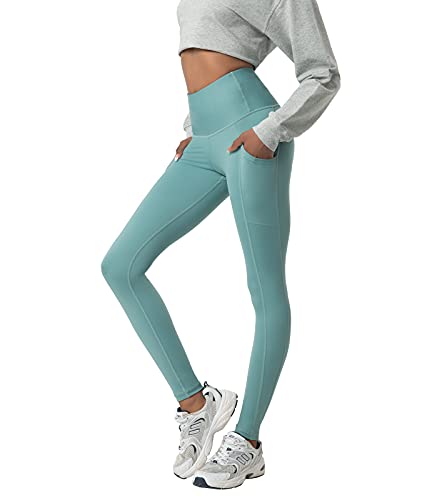 LAPASA Leggins Mujer con Bolsillos Laterales Cintura Alta Pantalón Deportivo Yoga y Ejercicio Mallas de Deporte Elástico Leggings Largo Push Up L01B1 M Verde