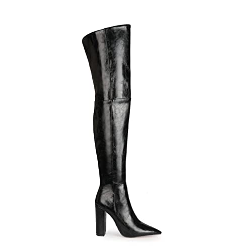 Las Botas de Las Mujeres 11 cm sobre la Rodilla Elegante Temperamento Super Fiber señaló el tacón Espeso del Muslo de Las Botas de Caballero de la Fiesta,Negro,42EU