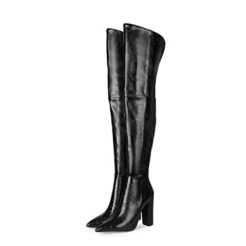 Las Botas de Las Mujeres 11 cm sobre la Rodilla Elegante Temperamento Super Fiber señaló el tacón Espeso del Muslo de Las Botas de Caballero de la Fiesta,Negro,42EU