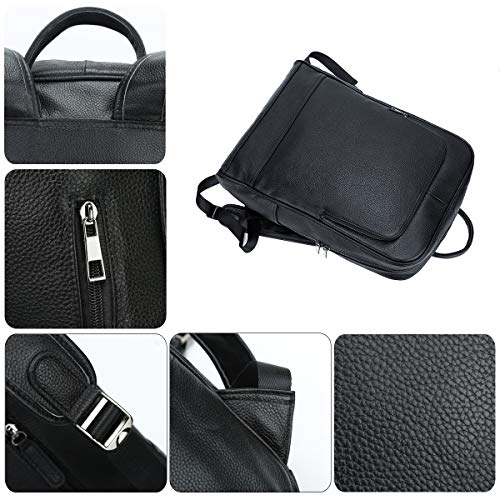 Leathario Mochila Tipo Caual Escolar Hombre Cuero Autentico Negro de Mano Backpack Laptop para Portátiles y Netbooks