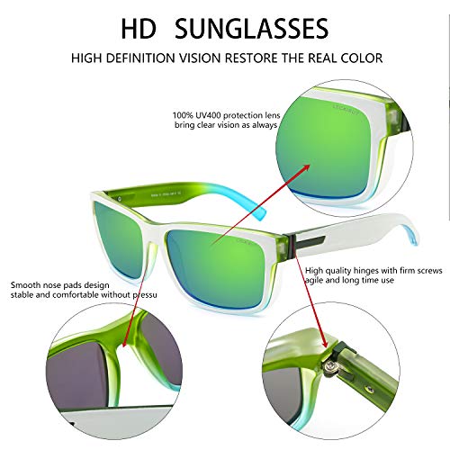 LECKIRUT Gafas de Sol para Hombre Mujer Polarizadas Rectangulares Grandes Retro Unisex Protección UV400 Lentes verdes/montura verde blanca
