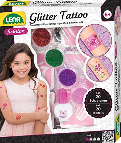 Lena 42440 Fashion Glitter Tattoo, Moda Set para Stylen y adornar con 4 Glitzerfarben, Pincel, látex y Diez Plantillas, abwaschbarer Körperschmuck para niñas a Partir de 6 años, Multicolor