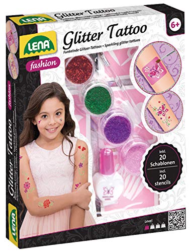 Lena 42440 Fashion Glitter Tattoo, Moda Set para Stylen y adornar con 4 Glitzerfarben, Pincel, látex y Diez Plantillas, abwaschbarer Körperschmuck para niñas a Partir de 6 años, Multicolor