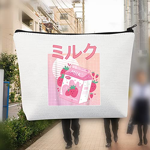 LEVLO Retro 90s Japonés Anime Cosméticos Bolsa Anime Kawaii Lover Regalo Kawaii Fresa Leche Batido Maquillaje Cremallera Bolsa Bolsa Para Mujeres Niñas Tees