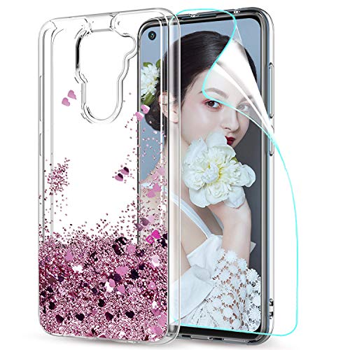 LeYi Funda Xiaomi Redmi Note 9 Silicona Purpurina Carcasa con HD Protector de Pantalla, Transparente Cristal Bumper Telefono Gel TPU Fundas Case Cover para Movil Redmi Note 9 ZX Oro Rosa