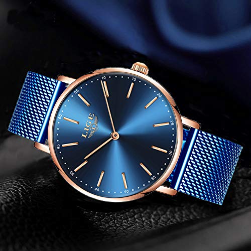 LIGE Relojes Hombre Lujo Ultra Fino Azul Analogicos Cuarzo Relojes Hombre Impermeable Acero Inoxidable Automática Fecha Relojes