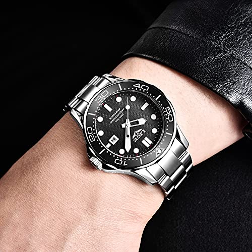 LIGE Relojes para Hombre Deportivo Moda de Lujo Resistente al Agua con Calendario de Cuarzo Analógico de Acero Inoxidable Luminoso Reloj de Pulsera para Hombre Plata Negra