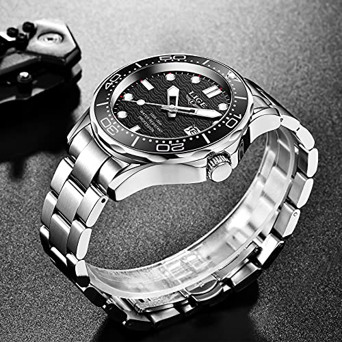 LIGE Relojes para Hombre Deportivo Moda de Lujo Resistente al Agua con Calendario de Cuarzo Analógico de Acero Inoxidable Luminoso Reloj de Pulsera para Hombre Plata Negra