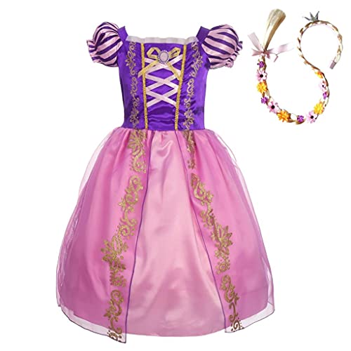 Lito Angels Disfraz de Princesa Rapunzel Vestido con Peluca Trenza para Niña, Talla 7 años, Morada