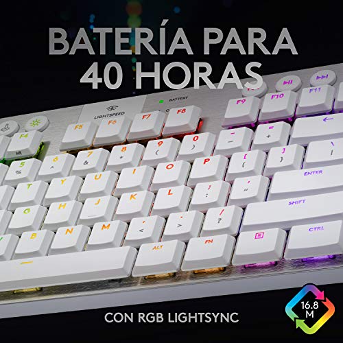 Logitech G915 LIGHTSPEED TKL Teclado Gaming Mecánico Inalámbrico con teclas GL-Táctil de bajo perfil, LIGHTSYNC RGB, Diseño ultra delgado, 40 Horas duración de Batería, Disposición QWERTY US - Blanco