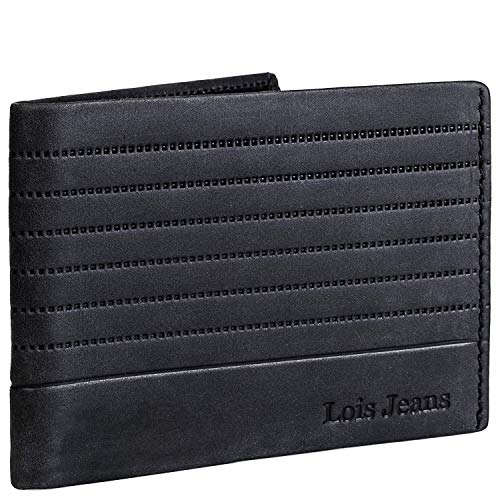 Lois - Cartera para Hombre Piel Genuina Cuero Pequeña con Monedero de Marca LOIS, Tarjetero con Sistema Bloqueo Antiescaneo de Seguridad RFID 202207, Color Negro