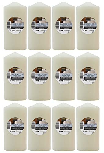 Lote 12 Velas Taco Perfumadas Dulce de Coco Grandes XXL 120 x 57 mm - Velones Aromáticos, Gran Duración (34-36 Horas) y Delicado Aroma - Aromaterapia por Velas