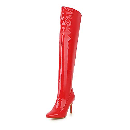 LOVE-HOME Botas Por Encima De La Rodilla Para Mujer, Botas Largas De Charol Para Mujer, Punta Estrecha, Tacón De Aguja, Zapatos De Discoteca Sexy Para Mujer,Rojo,33