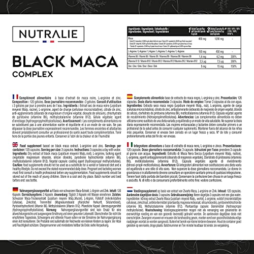 Maca Negra Andina 1200mg por dosis (equivalente a 24.000mg de planta) con L-Arginina, Zinc y Vitaminas B6 B12 | 120 cápsulas vegetales de Maca altamente concentrada 20:1 | Nutralie