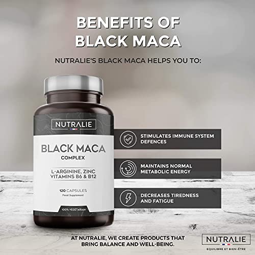 Maca Negra Andina 1200mg por dosis (equivalente a 24.000mg de planta) con L-Arginina, Zinc y Vitaminas B6 B12 | 120 cápsulas vegetales de Maca altamente concentrada 20:1 | Nutralie