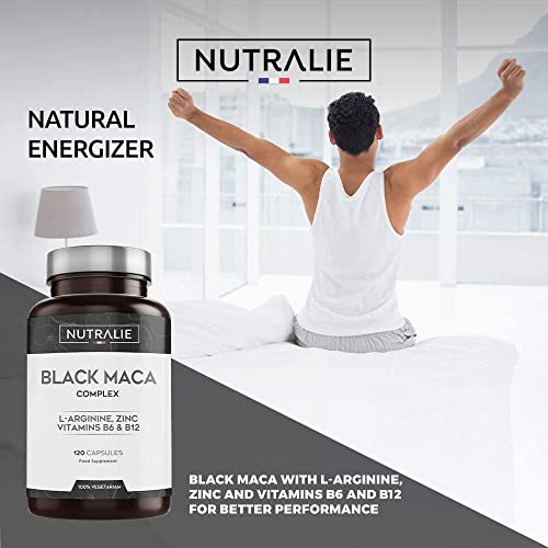 Maca Negra Andina 1200mg por dosis (equivalente a 24.000mg de planta) con L-Arginina, Zinc y Vitaminas B6 B12 | 120 cápsulas vegetales de Maca altamente concentrada 20:1 | Nutralie