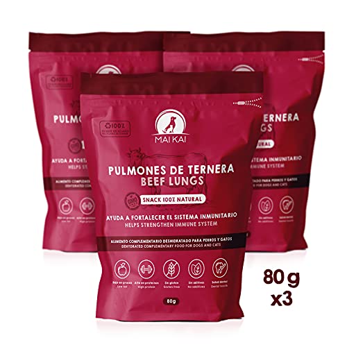 MAIKAI Chuches para Perros Naturales 100% - Pulmones de Ternera Deshidratados - Snacks y Premios Saludables - Dieta Barf - (3 Bolsas x 80 g)