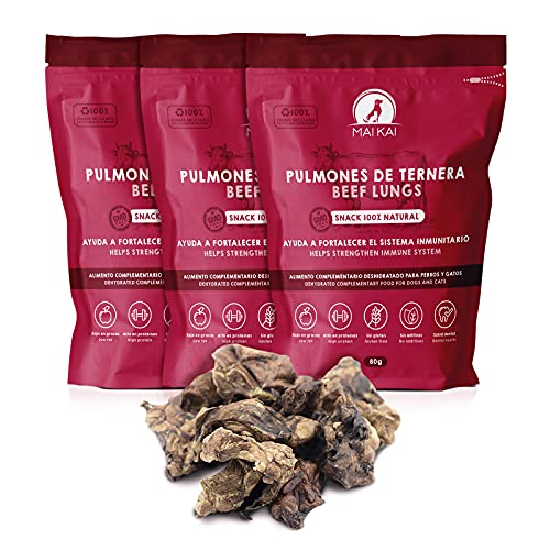 MAIKAI Chuches para Perros Naturales 100% - Pulmones de Ternera Deshidratados - Snacks y Premios Saludables - Dieta Barf - (3 Bolsas x 80 g)