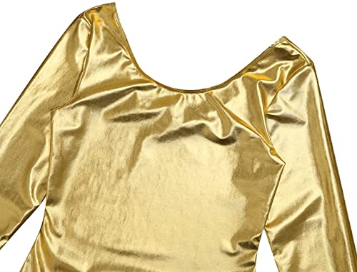 Maillot de Danza Ballet Gimnasia Leotardo Body Clásico Elástico para Mujer de Manga Larga Cuello Redondo (L, Oro)