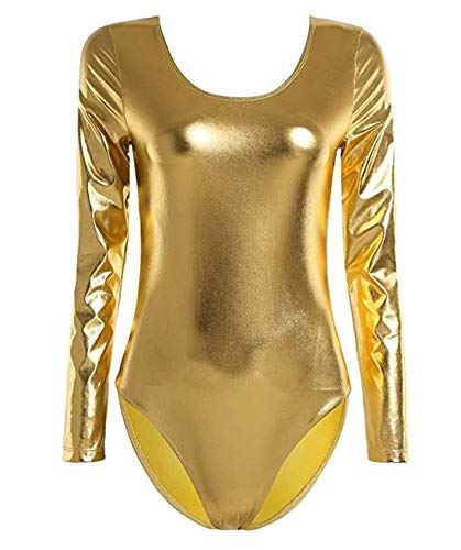 Maillot de Danza Ballet Gimnasia Leotardo Body Clásico Elástico para Mujer de Manga Larga Cuello Redondo (L, Oro)