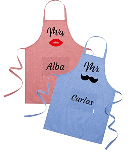 Majami Delantales de cocina personalizados para parejas - Delantales personalizados con nombres - Regalo Personalizado San Valentín, día de los enamorados - Regalos para pareja, boda, aniversarios