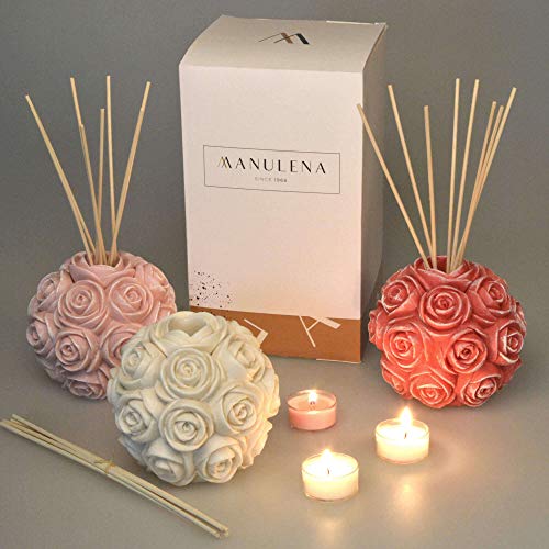 MANULENA Ambientador Mikado con Forma De Rosa. Aroma White Jasmine. Color Coral. Difusor De Varillas con Palitos De Rattan Natural. 100 ml