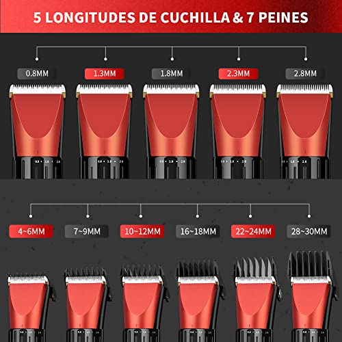 Máquina Cortar Pelo Profesional Hombre Recortadora Barba y Cortapelos Recargable con Cuchillas de Cerámica y 6 Peines de Fijación inalámbricos