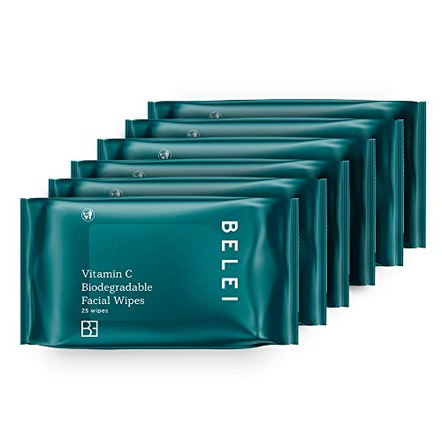 Marca Amazon - Belei Toallitas faciales biodegradables con vitamina C, 6 x 25 toallitas (150 discos en total)