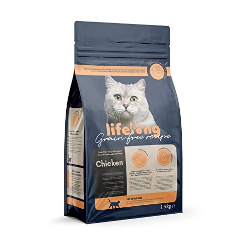 Marca Amazon - Lifelong - Alimento seco completo para gatos con pollo fresco. Receta sin cereales - 1,5 kg