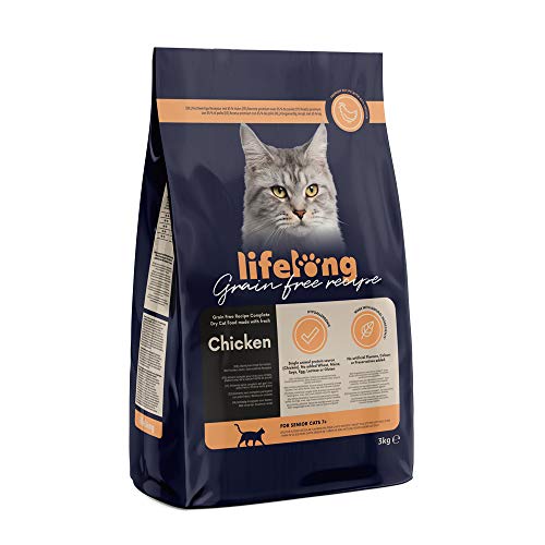 Marca Amazon Lifelong Alimento seco para gatos sénior con pllo fresco, receta sin cereales - 3kg